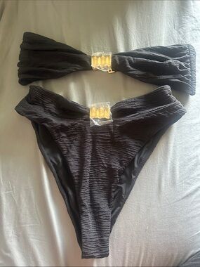 Textured Black Bandeau Bikini Set with Gold Accent